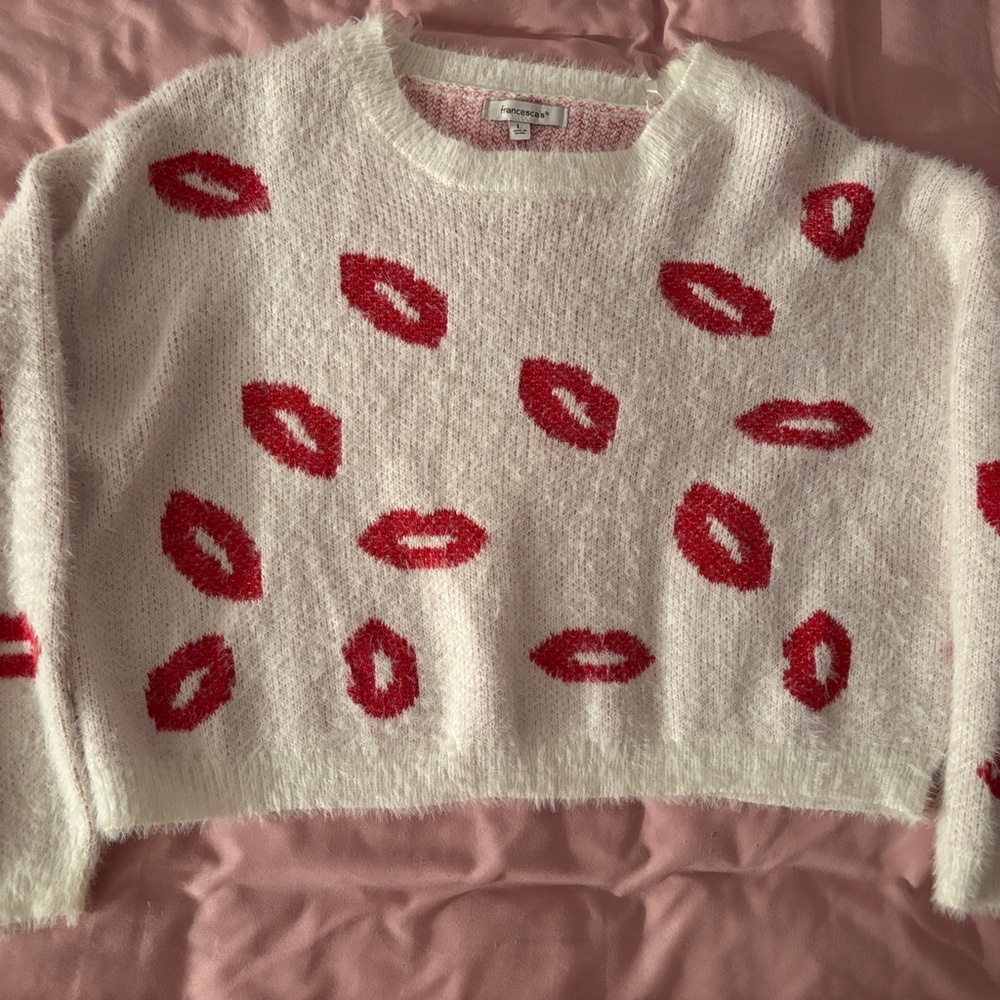 Francesca's Collections White and Red Crew Neck Sweater